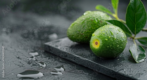 Fresh Avocados With Water Droplets on Dark Background
