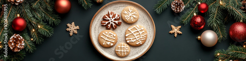 Delight in festive spirit with beautifully decorated Christmas cookies arranged on plate, surrounded by pine branches, ornaments, and holiday decorations