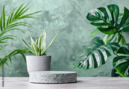 Stone Product Display With Green Plants
