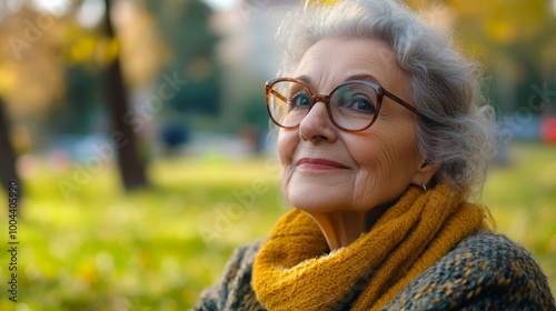 Radiant senior woman enjoying autumn park, her warm smile and stylish glasses reflecting wisdom and joy. Golden scarf complements the season's beauty.