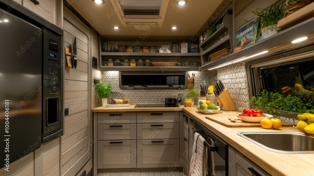 A comfortable kitchen inside a camper, perfect for family trips exploring their own country. A comfortable kitchen inside a camper, perfect for family trips exploring their own country.