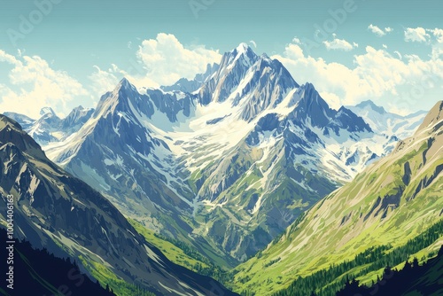 Majestic Snow-Capped Mountain Range with Verdant Slopes