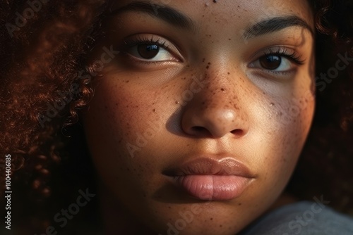 Black woman skin freckle contemplation. photo