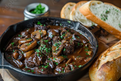 A black cast iron skillet filled with meat and vegetables, including carrots, generative ai image