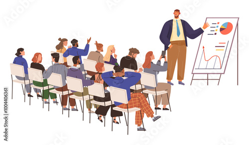 A speaker stands next to a flip chart presenting data to a seated audience. Attendees appear engaged, some raising hands to ask questions. Ideal for business, education, workshops, seminars, and team