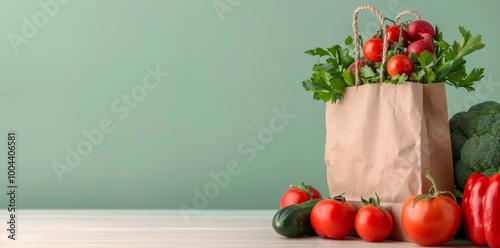 Fresh Vegetables in a Reusable Bag on a Green Surface
