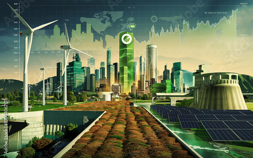 An illustration of green energy development with wind turbines, solar panels, and hydroelectric dams. Generative AI