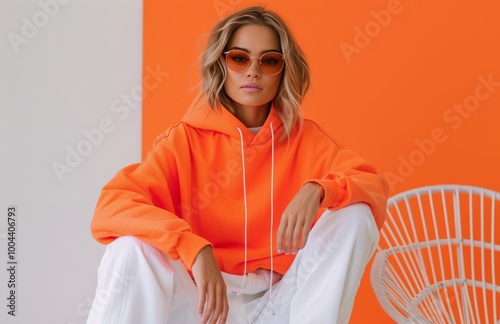 Woman in Orange Hoodie and Sunglasses Sitting on White Chair