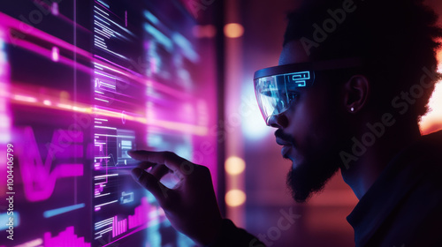 A woman wearing futuristic augmented reality glasses examines glowing data panels in a modern tech workspace