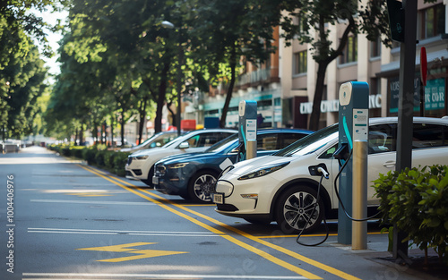 A photo of a public parking along the street with charging points for electric vehicles. Generative AI