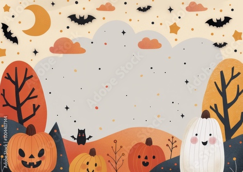 Halloween Night Sky With Pumpkins and Bats