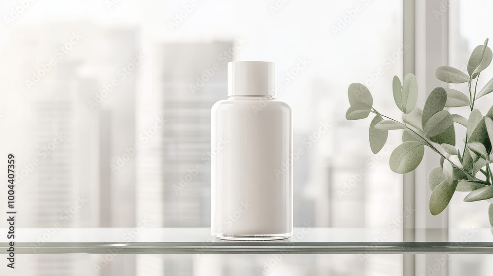 A sleek white bottle stands elegantly on glass shelf, surrounded by soft, modern backdrop of city skyscrapers. minimalist design and gentle greenery evoke sense of calm and sophistication