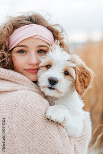 Woman embraces her fluffy dog on a cloudy beach during a windy afternoon