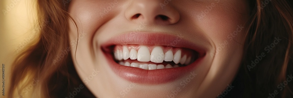 Radiant smile illuminates the frame, showcasing perfectly aligned pearly white teeth and soft pink lips against a warm, golden background glow. Radiant smile illuminates the frame, showcasing perfectly aligned pearly white teeth and soft pink lips against a warm, golden background glow.