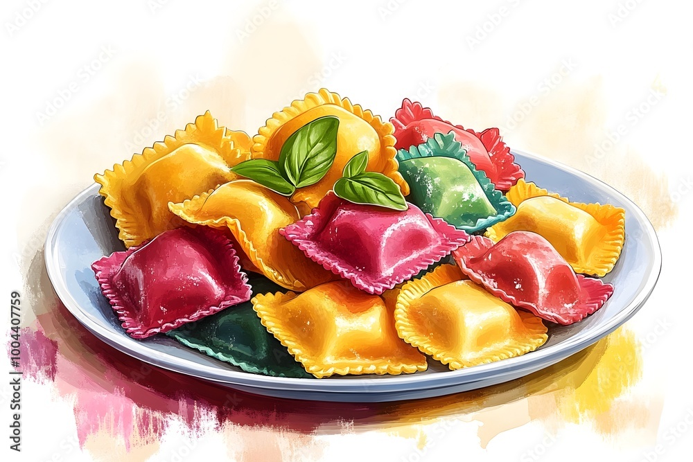 Vibrant Ravioli Dish with Contrasting Sauce in Pop Art Style Vibrant Ravioli Dish with Contrasting Sauce in Pop Art Style