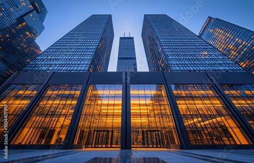 Sunset reflection on modern skyscrapers in an urban setting