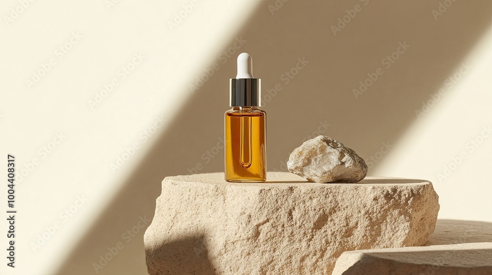 Skin serum bottle next to natural stone against bright Skin serum bottle next to natural stone against bright