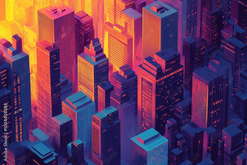Obraz premium An Aerial View of a City Skyline with Vibrant Colors at Sunset