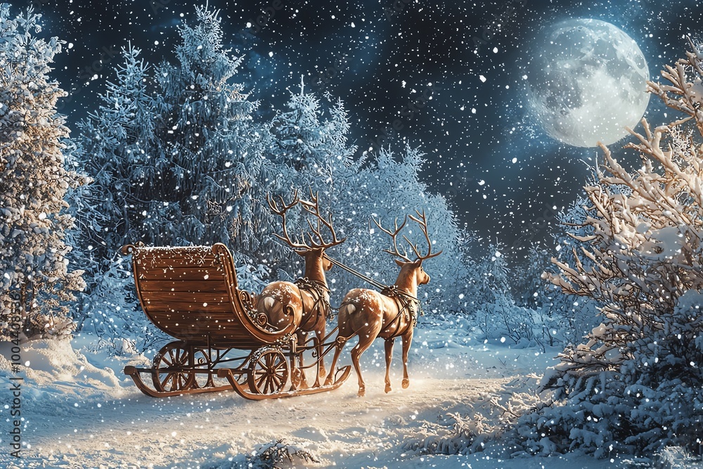 Magical reindeer-pulled sleigh card design, with the sleigh's empty cargo area serving as text space, flying over a moonlit winter landscape
