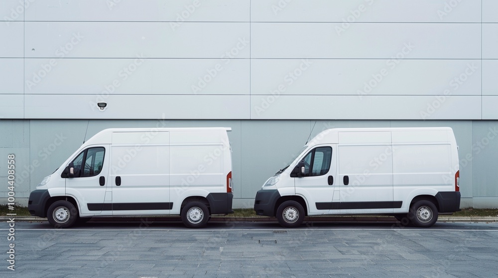 Two identical white cargo vans parked side by side against a light-colored industrial building, showcasing commercial fleet vehicles in an urban setting. Two identical white cargo vans parked side by side against a light-colored industrial building, showcasing commercial fleet vehicles in an urban setting.