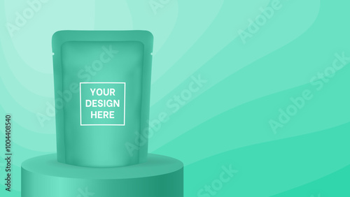 Pouch mockup on a mint green podium or pedestal. Wavy pattern and gradient shades, dynamic curve shape. Vector illustration with editable colors. Product display. Foil bag, plastic sachet