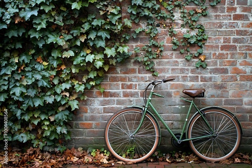 Vintage Green Bicycle Leaning Against Ivy-Covered Brick Wall. photo