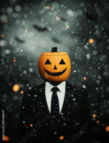 Mysterious Figure in Suit With Pumpkin Head Amid Falling Leaves on Foggy Hall...