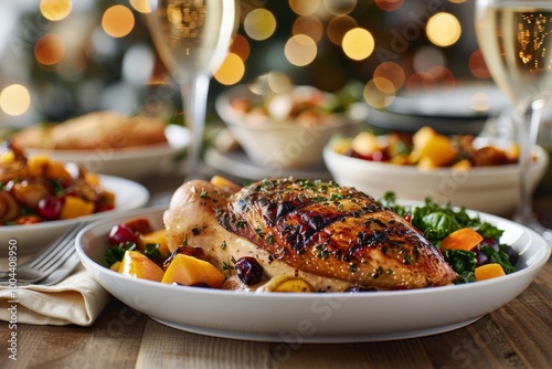 Delicious Roasted Chicken With Colorful Vegetables At A Cozy Dinner Table