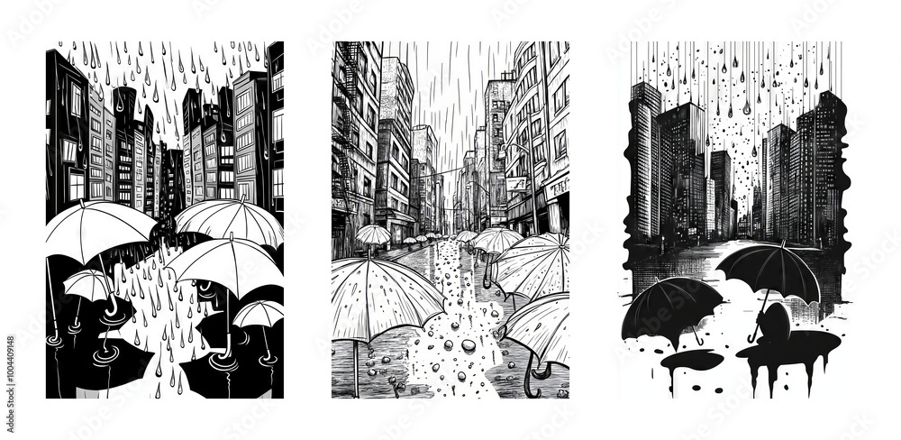 Obraz premium City rainfall illustrations featuring umbrellas in urban settings
