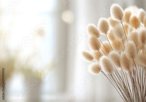 White fluffy floral arrangement with soft bokeh background in a bright setting