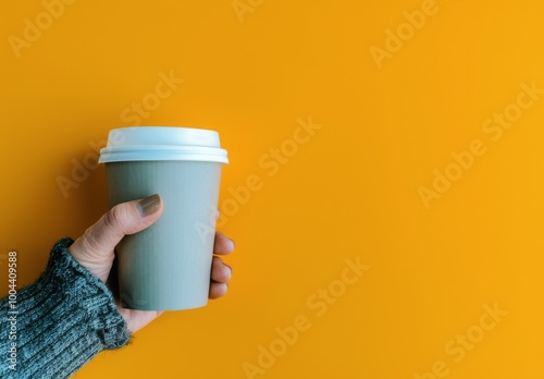 Hand Holding Gray Coffee Cup Against Vibrant Yellow Background in Natural Light