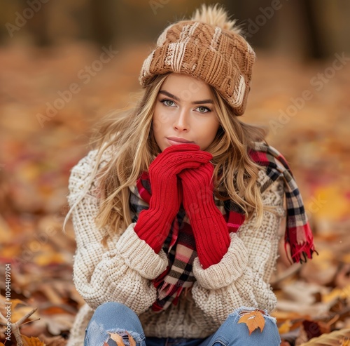 Young Woman Enjoying Autumn Outdoors in a Colorful Sweater and Hat