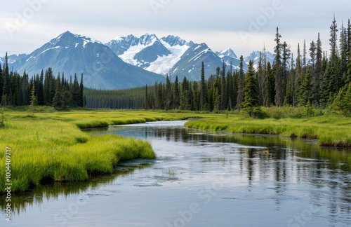 Serene Mountain Landscape With Reflection in Calm River Under Clear Blue Sky