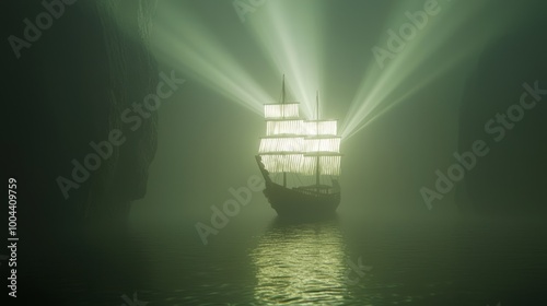 Ghostly Chinese Mythology: Spectral Ship Sailing with Glowing Sails in Darkened Sea