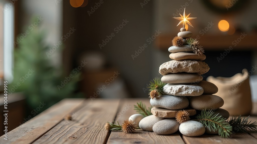 Obraz premium Minimalist zen stone stack christmas tree with glowing star on dark background, spa salon decoration