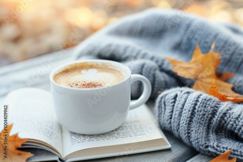 Cozy Autumn Afternoon With Warm Drink, Book, And Fallen Leaves