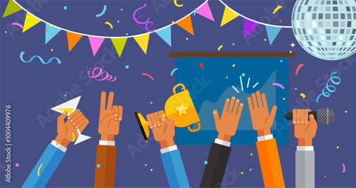 Human hands with various objects against backdrop of festive interior. People crowd rejoice, congratulate for success job. Happy colleagues celebrating success. Business team cheering and ovation