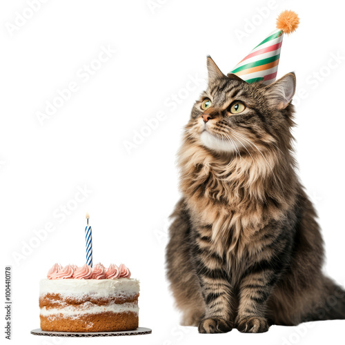 Adorable cat wearing a party hat sitting next to a birthday cake with a candle, celebrating a special occasion. isolated PNG transparent Background.
