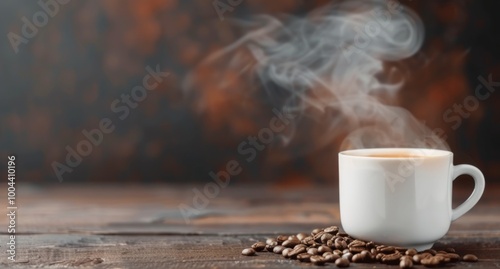 Freshly Brewed Coffee in a Black Cup With Steam Rising on Rustic Wooden Table