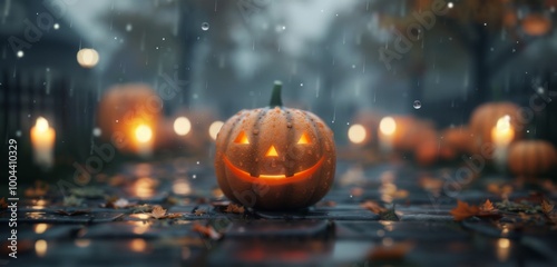 Glowing Jack-O-Lantern on Rainy Halloween Night in a Cobblestone Street