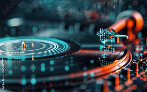 Digital Turntable Playing Vinyl With Binary Code Overlay