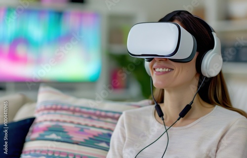 Woman Enjoying Virtual Reality Experience at Home in Cozy Living Room