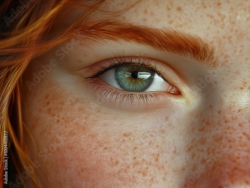 Close-up Portrait of a Woman's Eye with Freckles and Red Hair