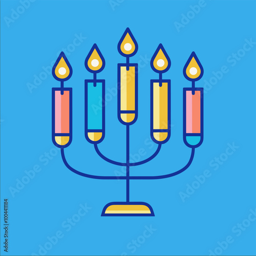 Hanukkah menorah flat color icon on blue background. Vector illustration.