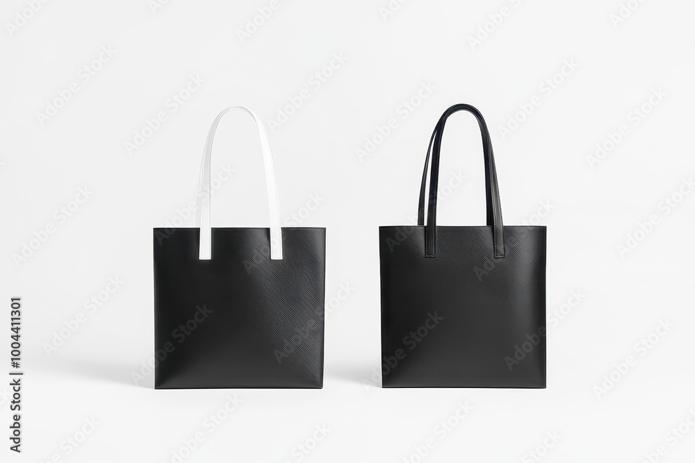 Two minimalist tote bags are displayed side by side against a plain background