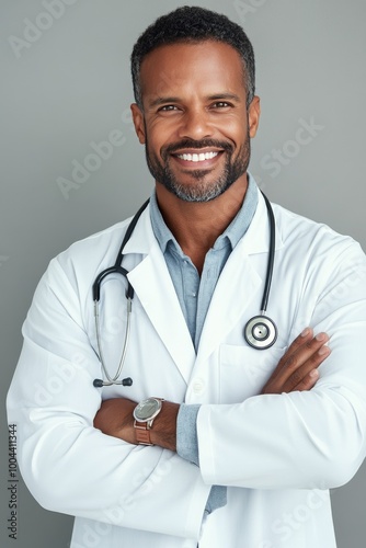 Smiling male doctor in a white coat with a stethoscope, standing against a gr...