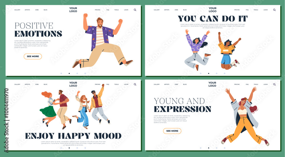 A vibrant set of four illustrations with people jumping joyfully. Ideal for motivation, happiness, teamwork, youth empowerment, positive vibes. Cartoonish, energetic, colorful A vibrant set of four illustrations with people jumping joyfully. Ideal for motivation, happiness, teamwork, youth empowerment, positive vibes. Cartoonish, energetic, colorful