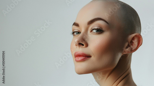 Beautiful bald woman model wearing strapless isolated on white background, close up