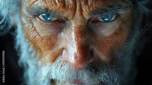 Intense Portrait of an Elderly Man with Blue Eyes and a White Beard