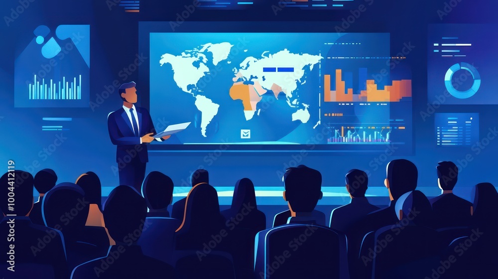 A business executive giving a presentation on global business expansion to a multinational audience, modern conference room A business executive giving a presentation on global business expansion to a multinational audience, modern conference room